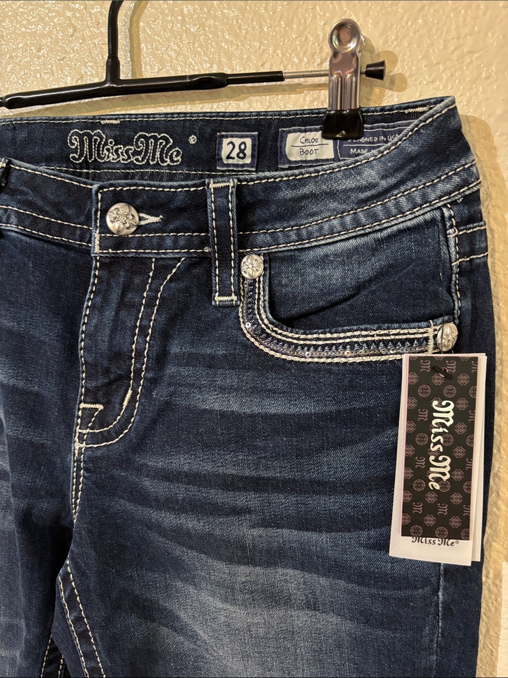 Miss Me Dark Blue Jeans with Gold & Teal Dreamcatcher Embroidery - Picture 3 of 5